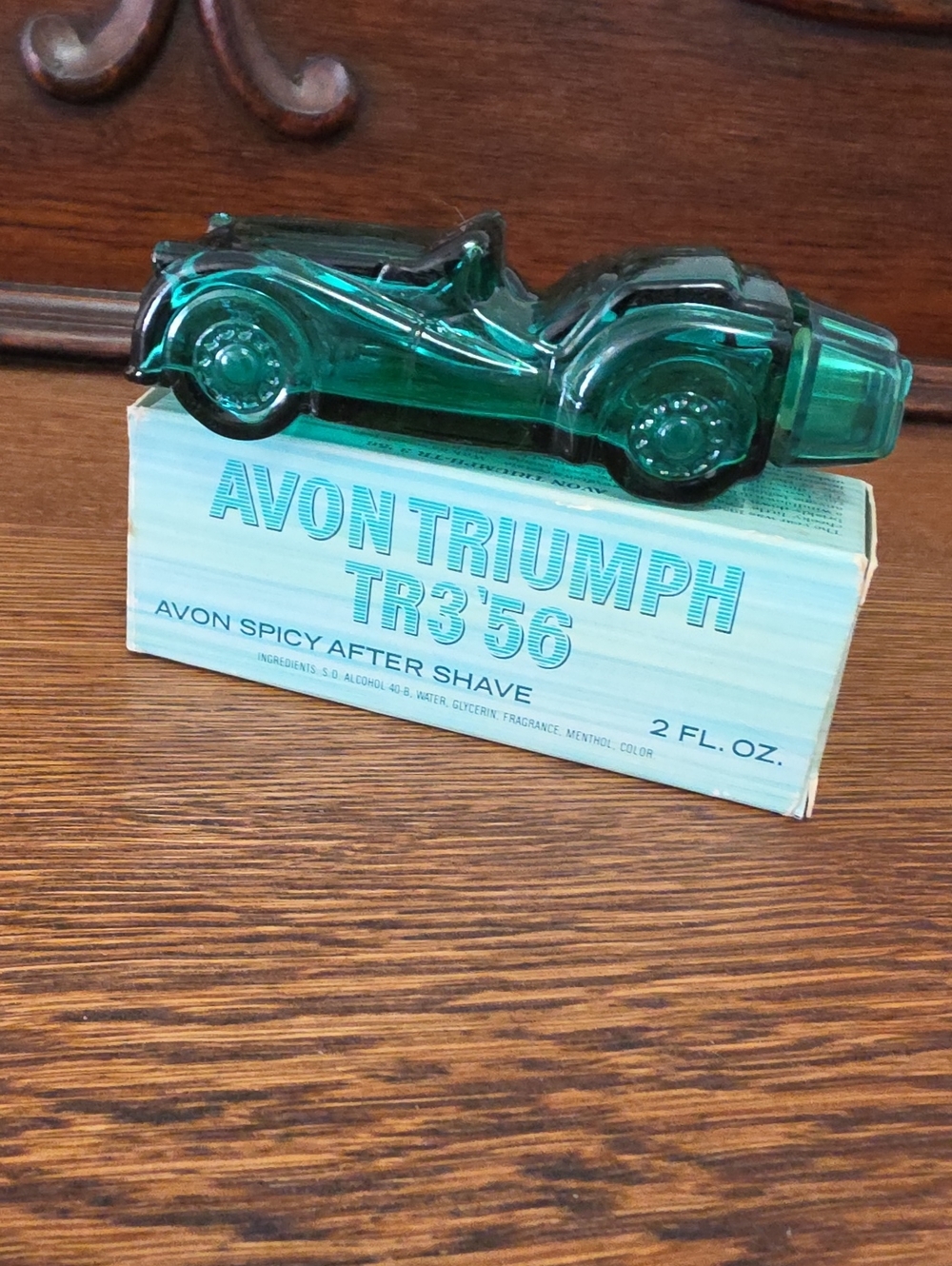 Avon Teal Glass Triumph TR3 '56 Car Bottle Empty Aftershave Bottle. Original Box